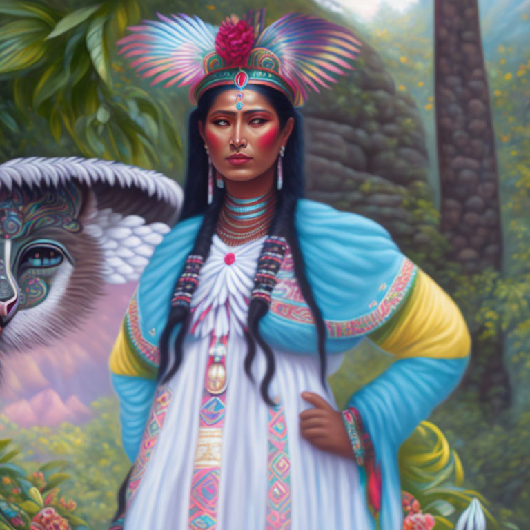 Digital painting of woman in indigenous attire with feathered headdress and mystical animal in lush forest