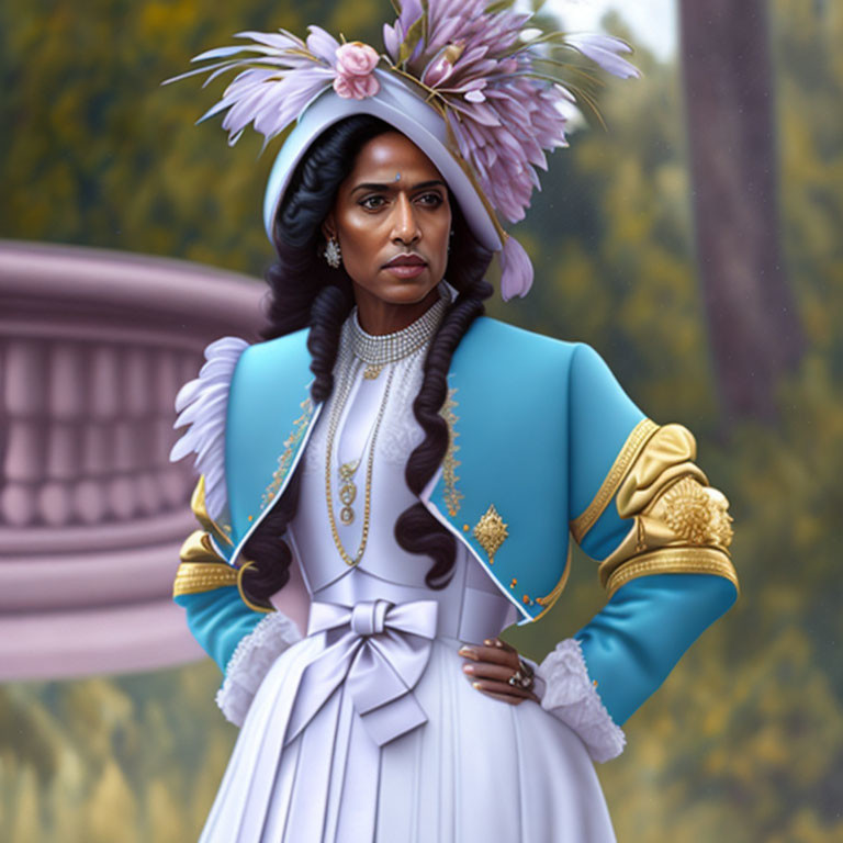 Regal woman in historical attire with blue jacket and ornate hat