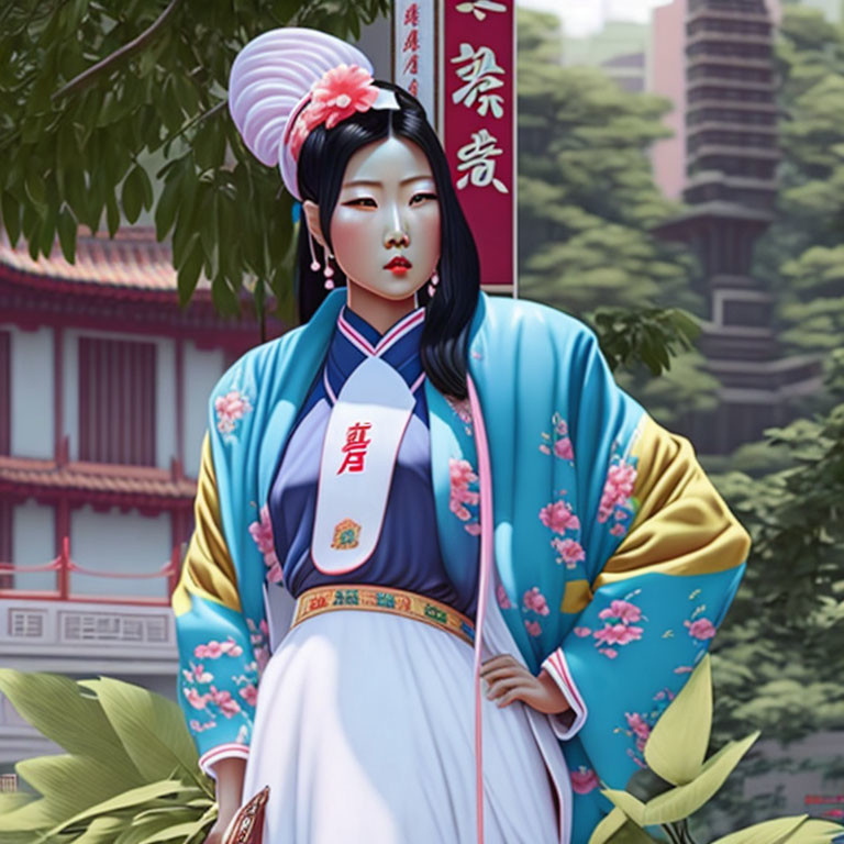 Traditional East Asian Attire Woman Illustration with Historic Building and Skyscrapers