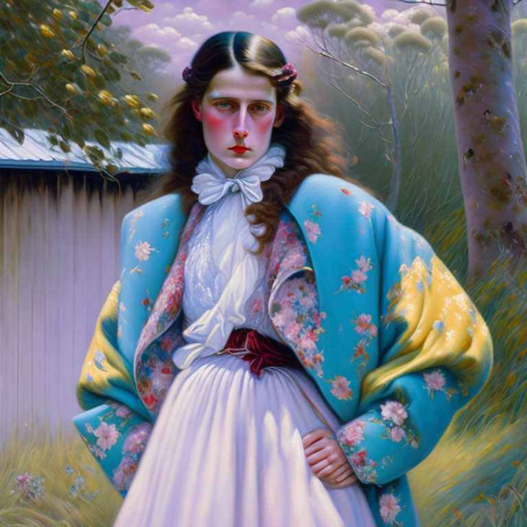 Portrait of Woman with Long Brown Hair and Floral Blue Shawl