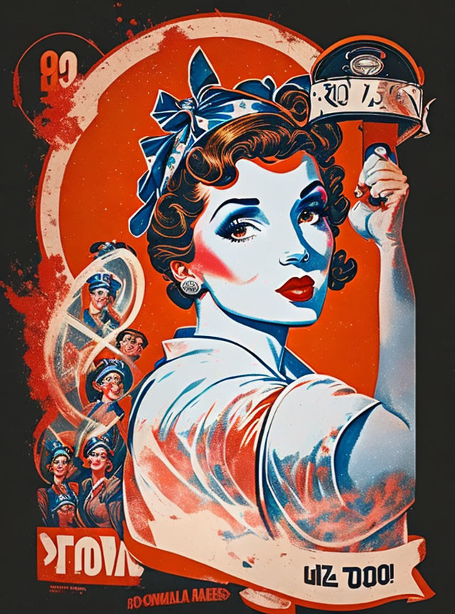 Stylized woman in bandana with space theme and Russian text in retro poster