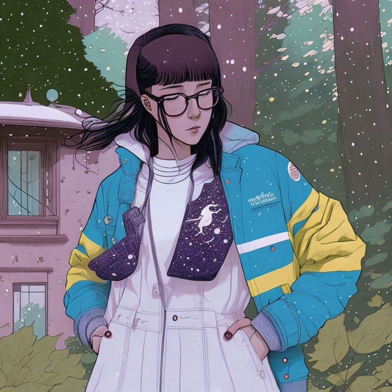 Illustration of pensive woman in glasses, colorful jacket, snowy forest