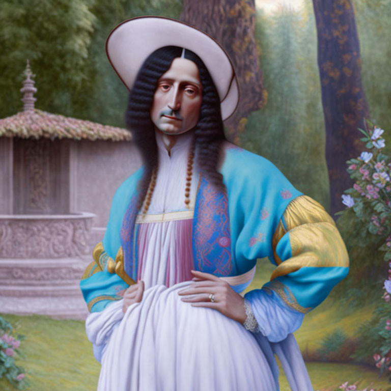 Surreal portrait blending Mona Lisa with Peruvian attire in garden setting