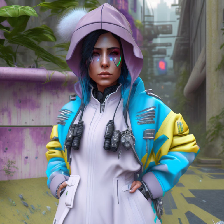 Character with Blue Hair in Futuristic Jacket on Urban Background