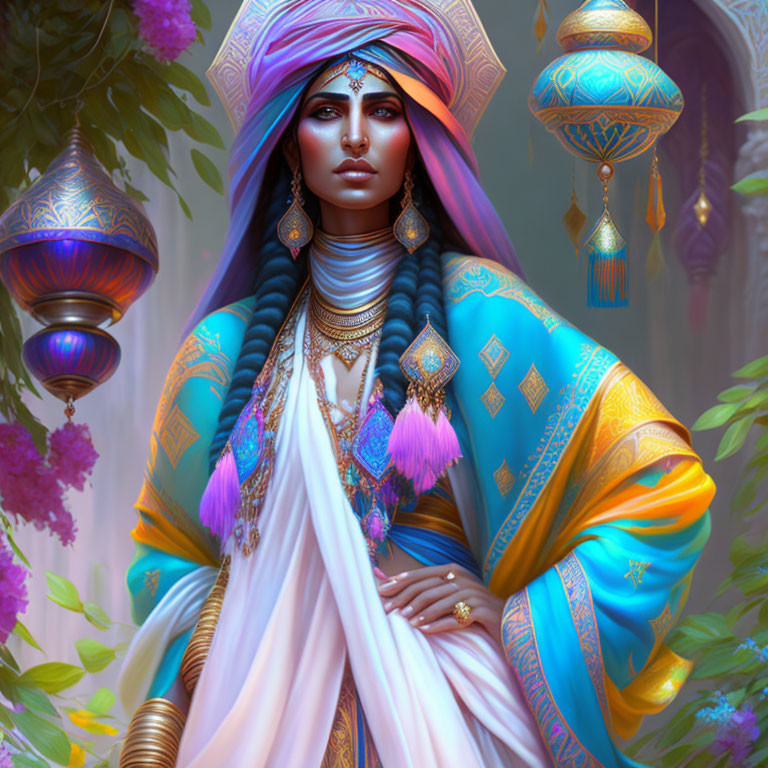 Woman in ornate attire with turban and jewelry in mystical setting.