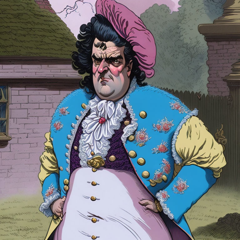 Portly man in 18th-century costume with tricorn hat and rosettes