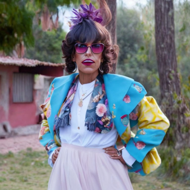 Person with Dramatic Makeup and Voluminous Hairstyle in Pink Sunglasses and Floral Blazer