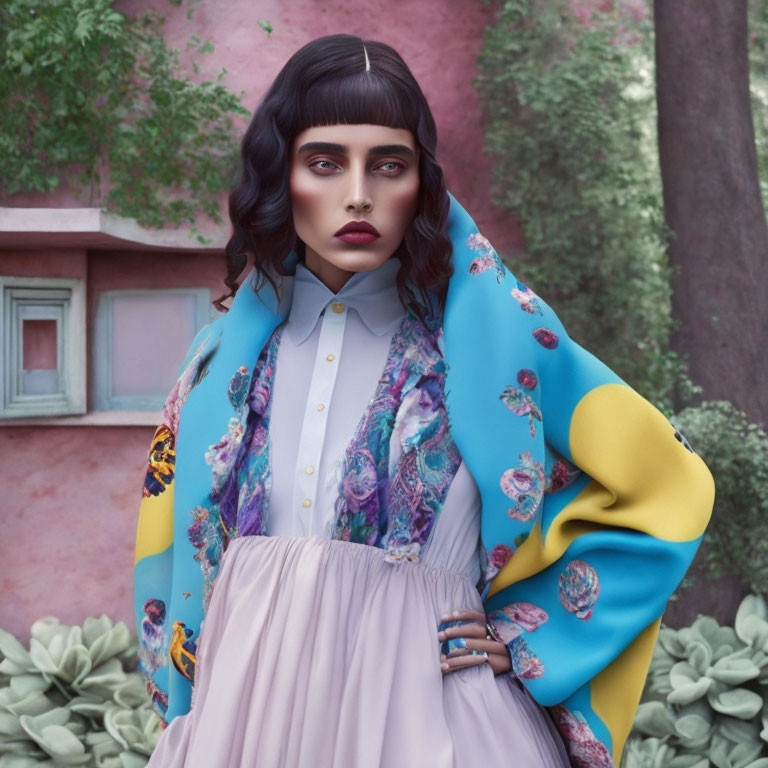 Dark-haired woman in bold makeup wears colorful cape against pastel backdrop