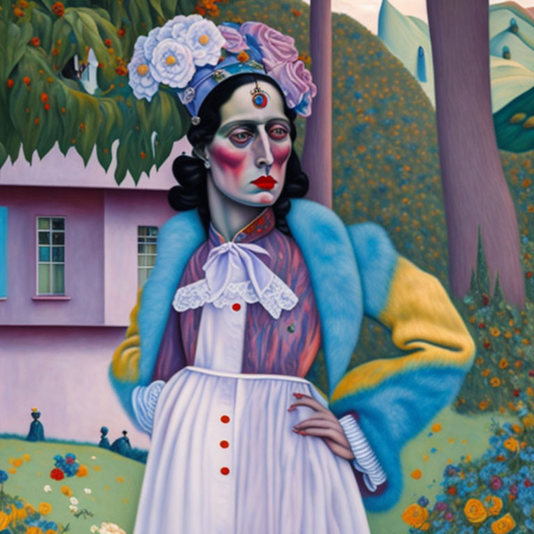 Surreal painting of woman in clown-like makeup with white dress and blue coat against pink house and