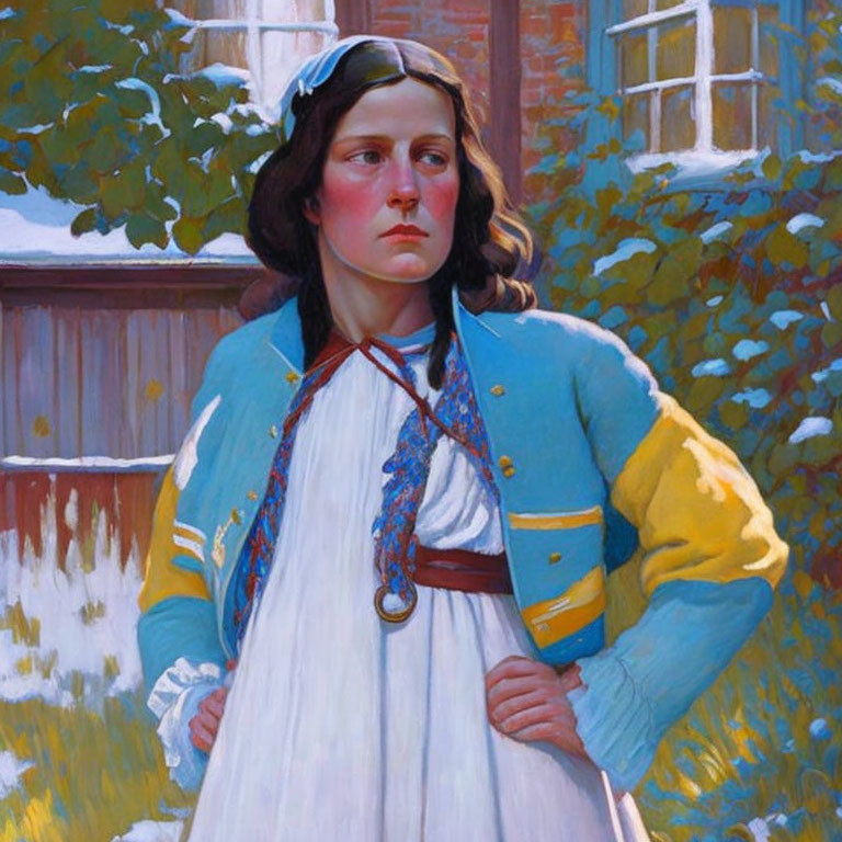 Portrait of solemn woman with braided pigtail in white blouse and blue jacket against rural backdrop