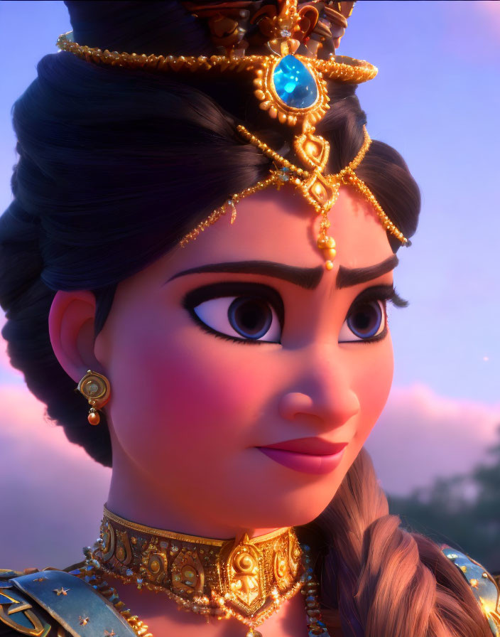 Animated female character in Indian royal attire with expressive eyes.