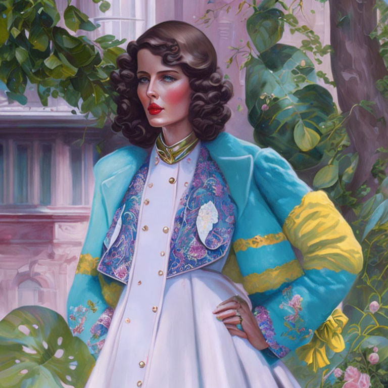 Illustrated woman with wavy hair in blue and yellow jacket near blooming tree