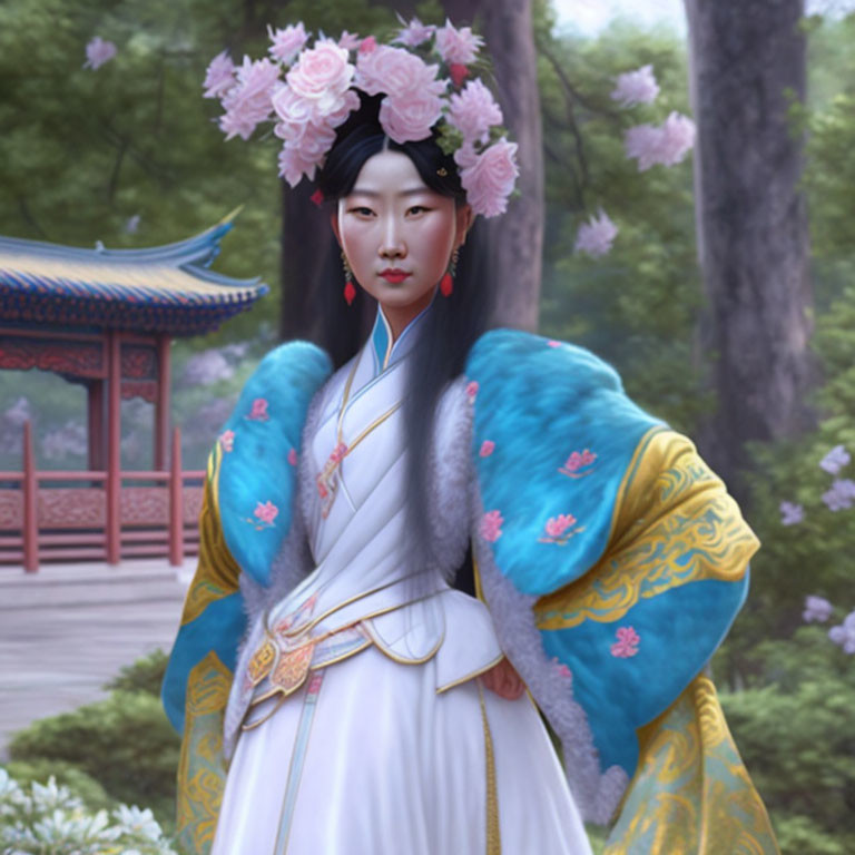 Traditional Asian Attire Woman with Floral Headdress, Pagoda, Cherry Blossoms