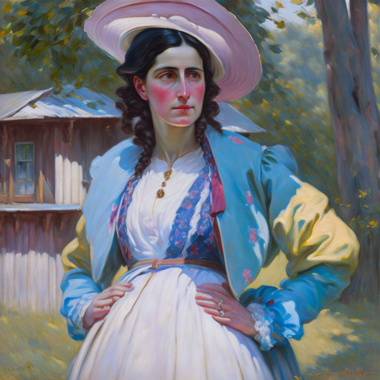 Historical dress woman portrait with hat outdoors and wooden structure