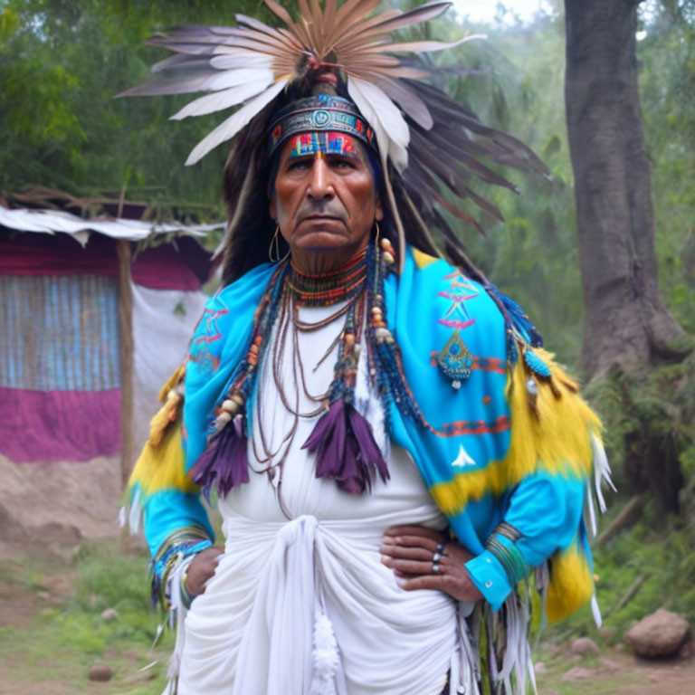 Traditional Native American attire with feather headdress and beadwork in natural outdoor setting