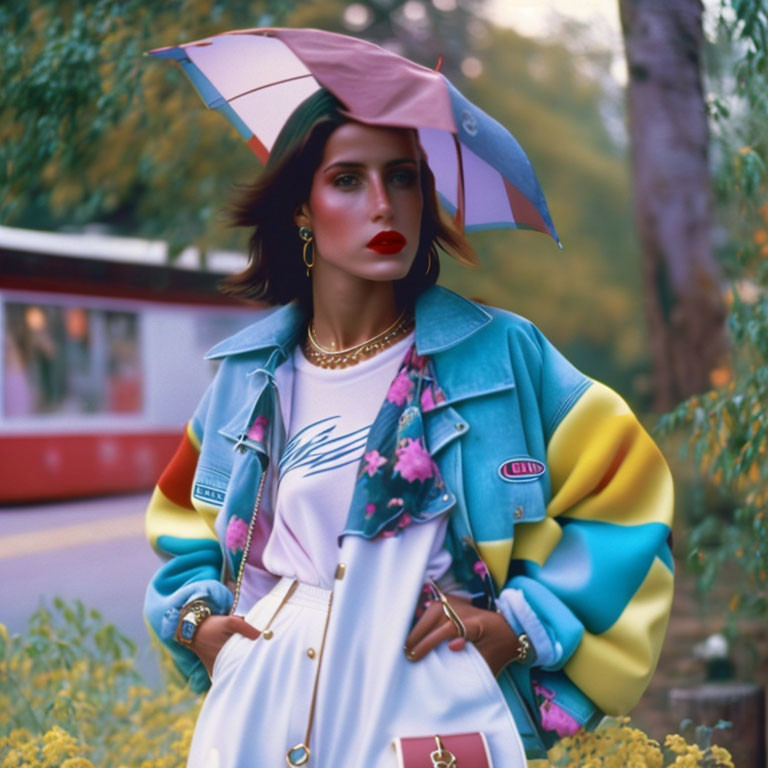 Fashionable woman with multicolored umbrella and denim jacket in urban setting