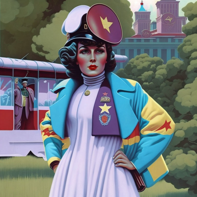 Stylized woman in retro uniform with stars and badges near vintage tram