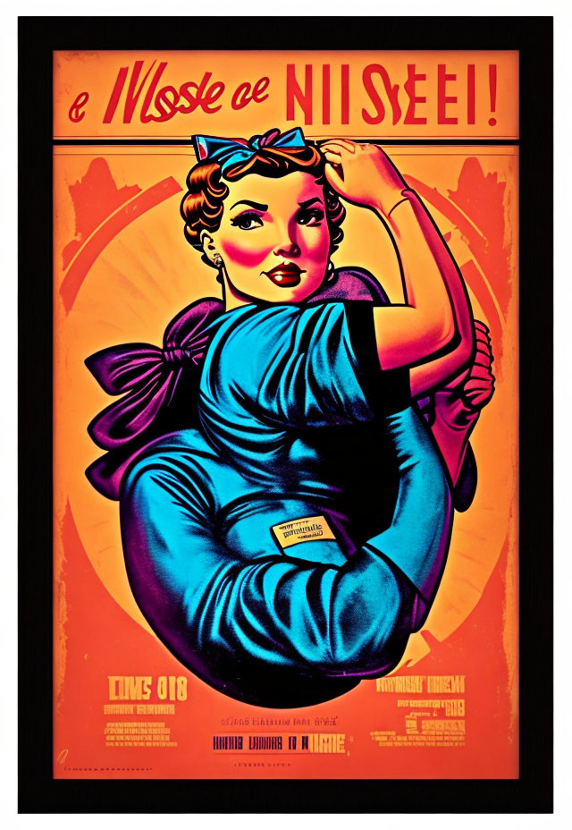 Vintage-style poster with woman in blue dress and red headscarf flexing bicep and empowering