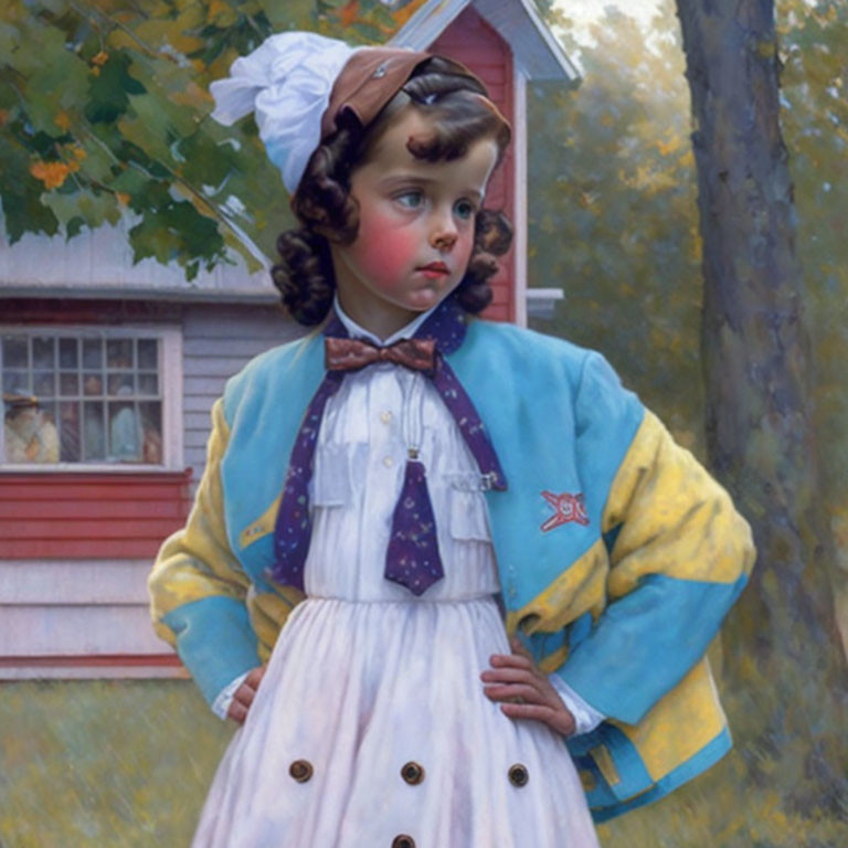 Portrait of young girl in white dress with blue jacket and red star, looking thoughtful