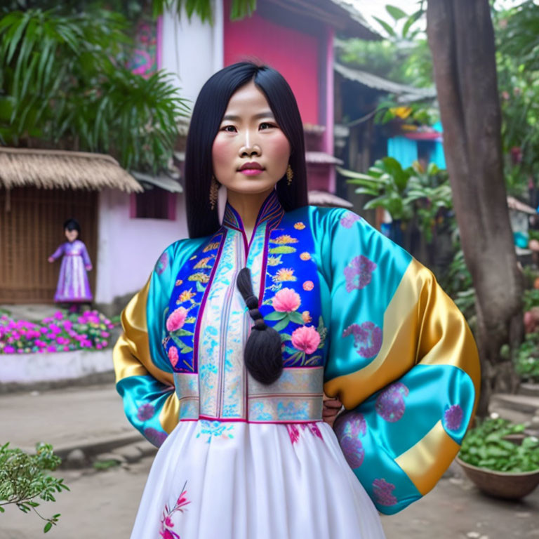 Colorful Traditional Asian Outfit Woman in Garden with Another Person