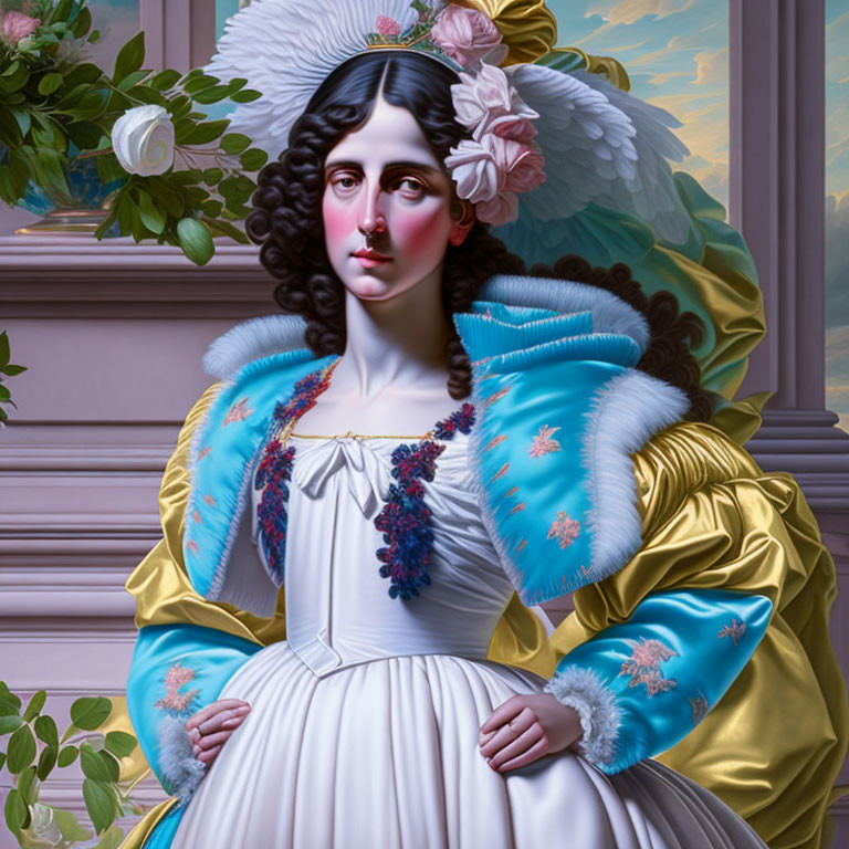 Hyperrealistic Painting of Woman in Blue and Gold Historical Dress with White Flowers by Window