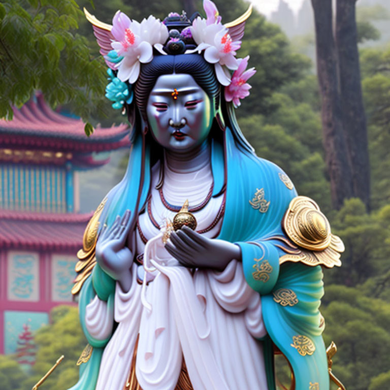 Blue-skinned deity statue in traditional attire with sacred object against Asian architecture