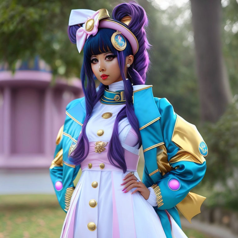 Colorful Anime-Style Cosplay Costume with Purple Hair Pose Outdoors