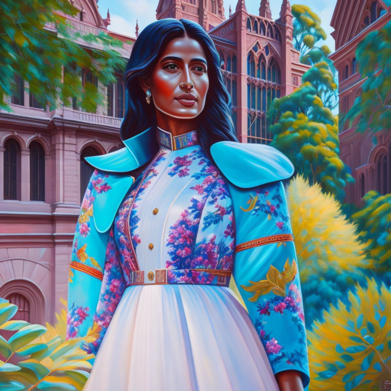 Digital painting of woman in floral coat by gothic building