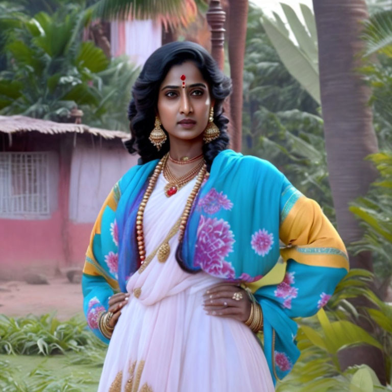 Traditional Indian attire woman standing confidently in green foliage