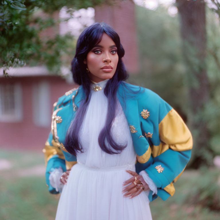 Dark-haired woman in white dress with blue eye makeup and embroidered jacket poses outdoors