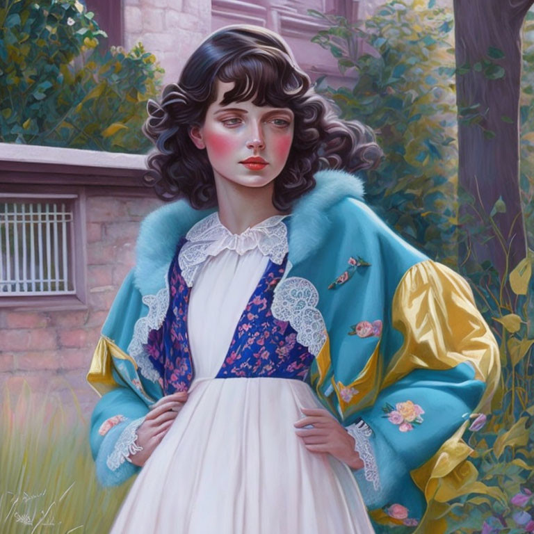 Portrait of a Woman in Vintage Blue and Gold Jacket in Garden