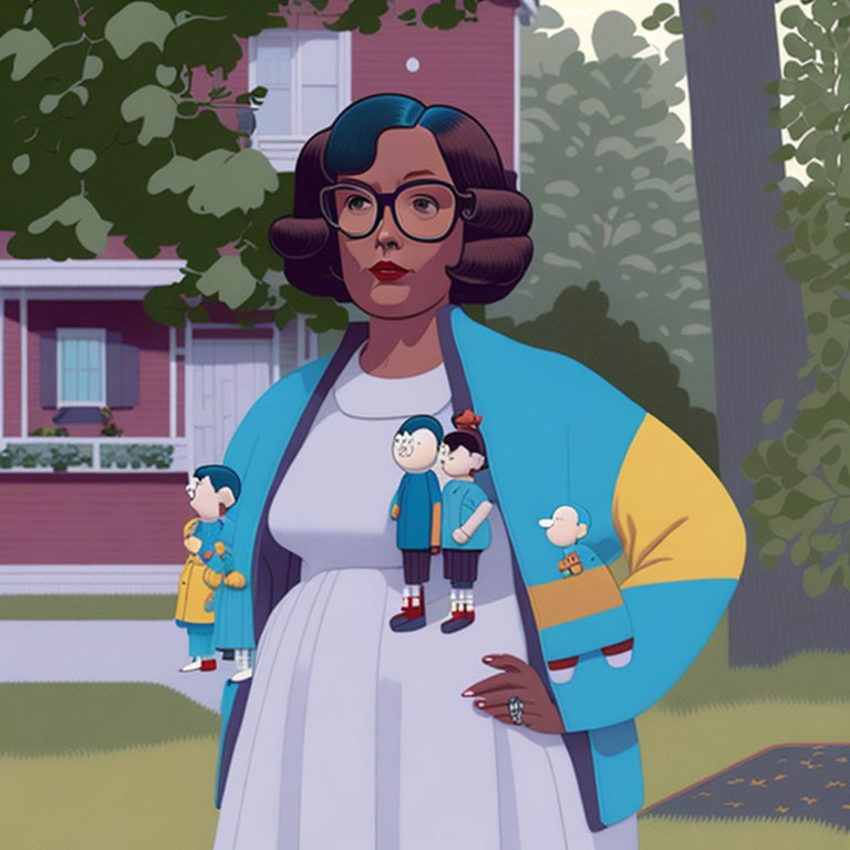 Illustration: Woman with glasses & children in matching outfits in front of house with trees.