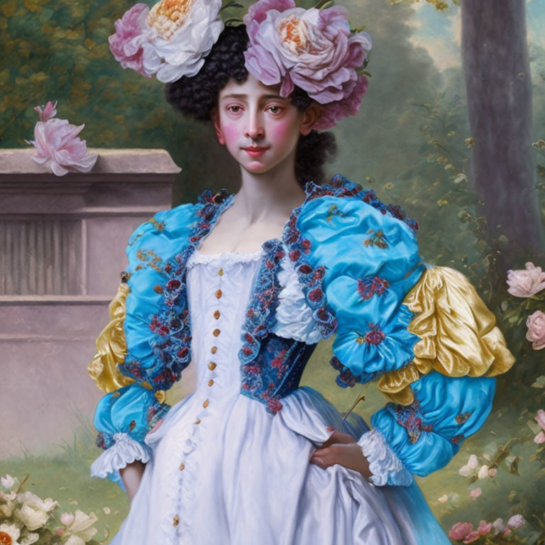 18th-Century Woman Painting with Blue and Gold Dress and Floral Background