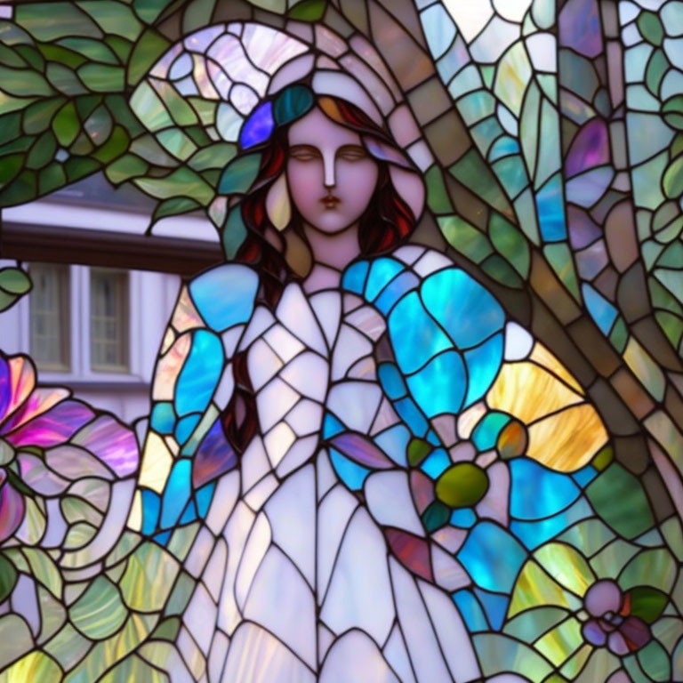 Colorful Stained Glass Window Featuring Woman with Flowing Hair and Floral Patterns