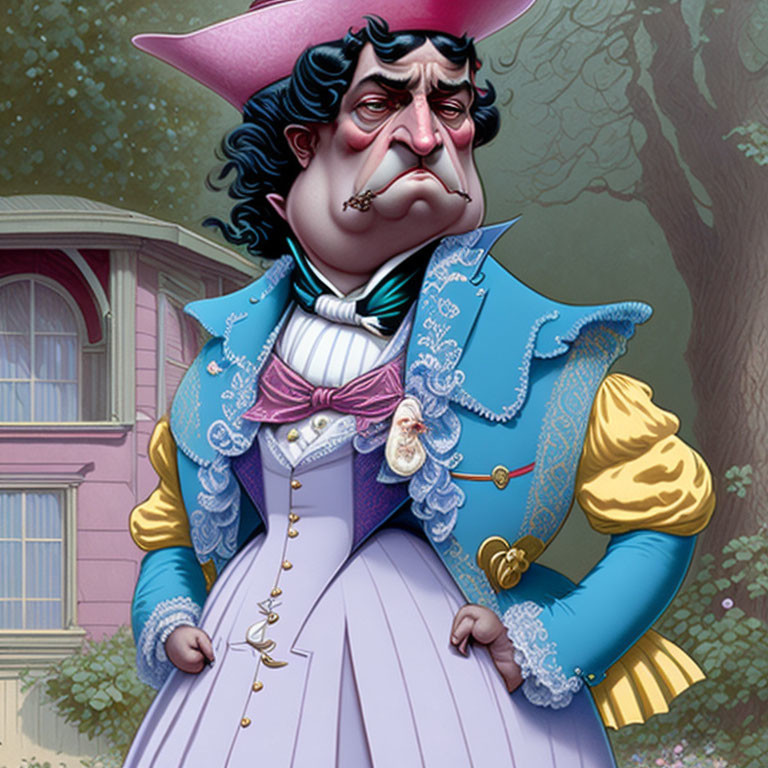 Displeased man in 18th-century attire with pink hat and blue coat