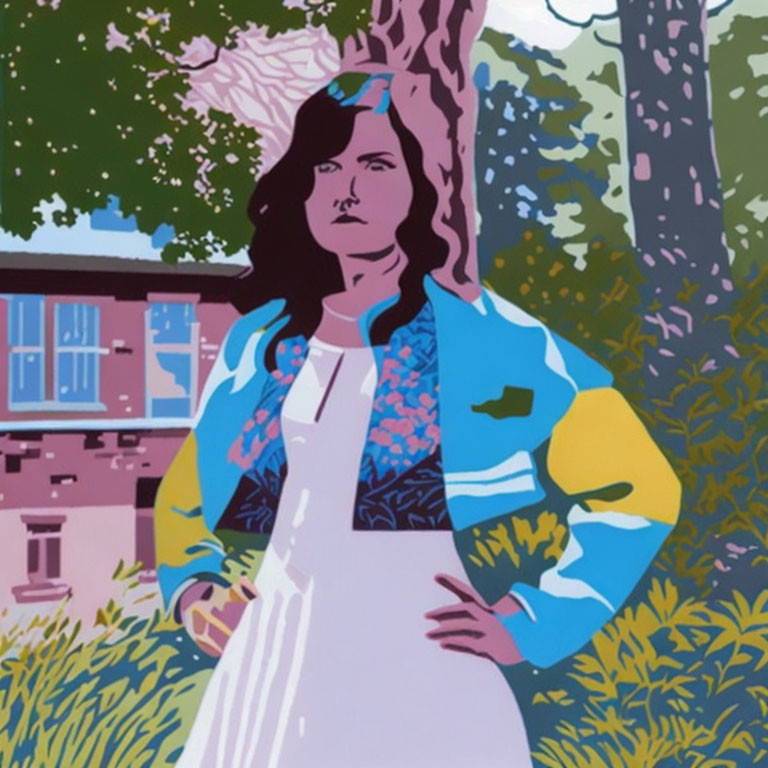 Stylized illustration of woman in white dress and blue jacket with hands on hips against nature backdrop