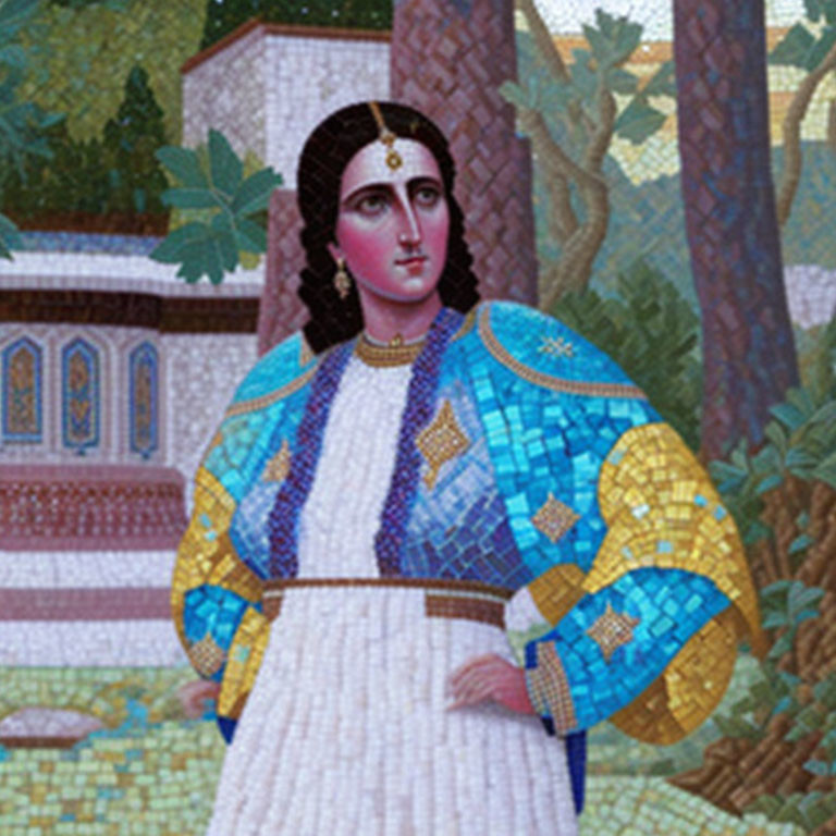 Traditional clothing woman mosaic with blue and gold patterns, trees and architecture