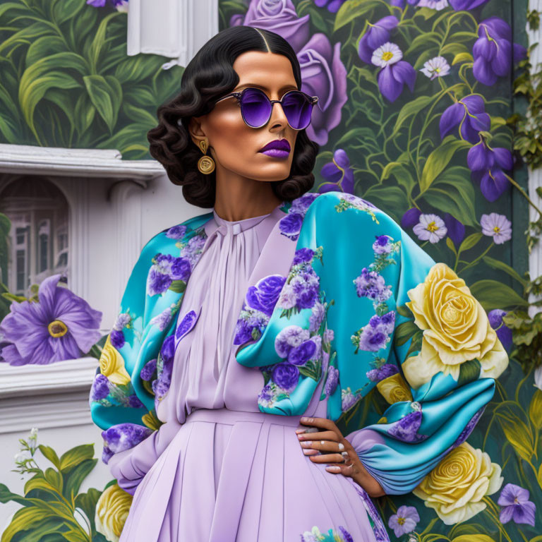 Illustrated Woman in Floral Outfit and Sunglasses Poses Against Floral Background