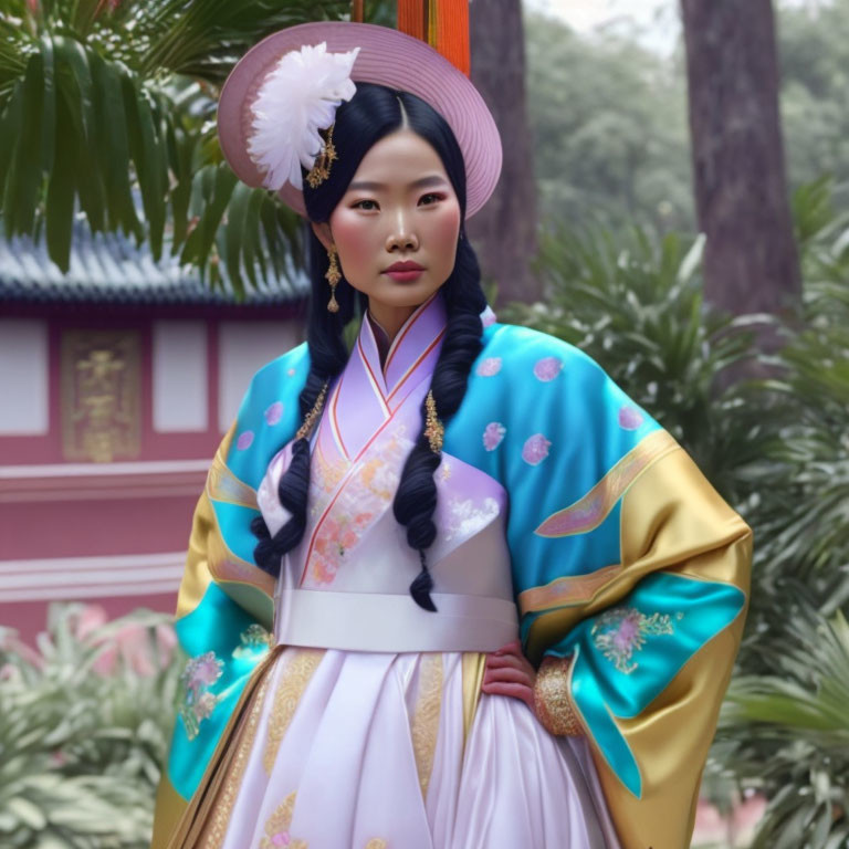 Traditional Asian Attire Woman with Wide-Brimmed Hat and Braided Hair in Front of Eastern Building