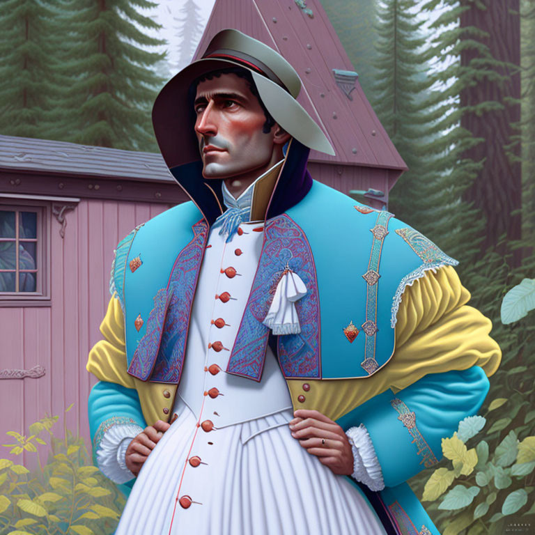 Elaborate man in old-fashioned clothing against tree backdrop