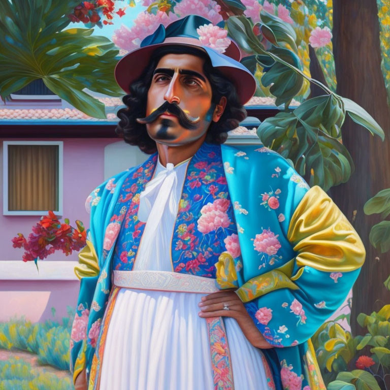 Vibrant portrait of a man with a mustache in floral jacket and hat