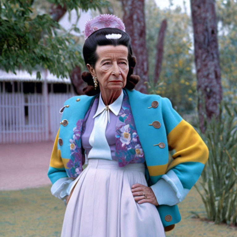 Elderly Woman in Blue Blazer, Lavender Skirt, Pink Hat Outdoors