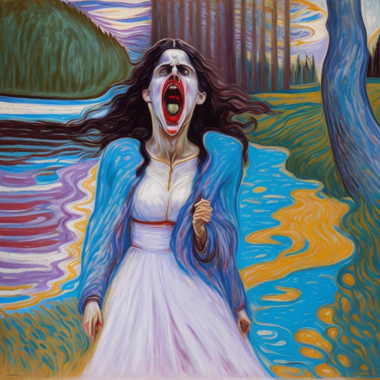 Stylized painting of screaming woman with distorted landscape background