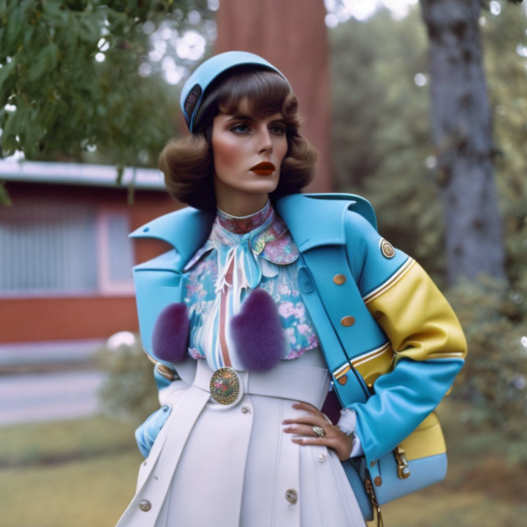 Stylized retro outfit with blue and yellow jacket and white skirt pose in front of trees and house