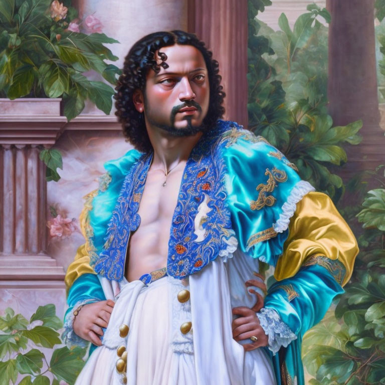 Elaborate historic attire with blue and gold jacket and curly hair