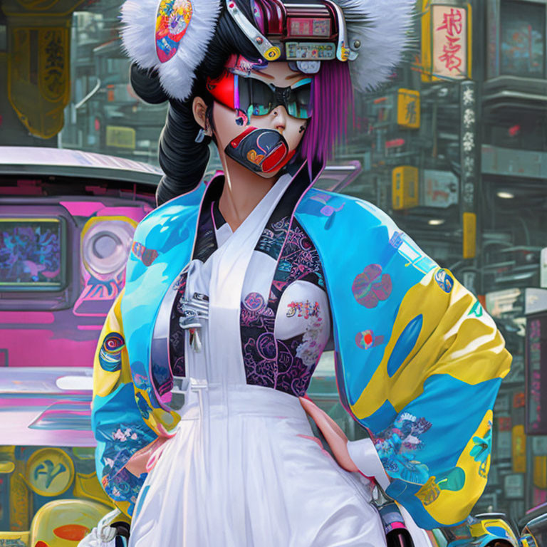 Colorful digital artwork: Woman in modern Japanese attire with futuristic accessories in neon-lit urban scene