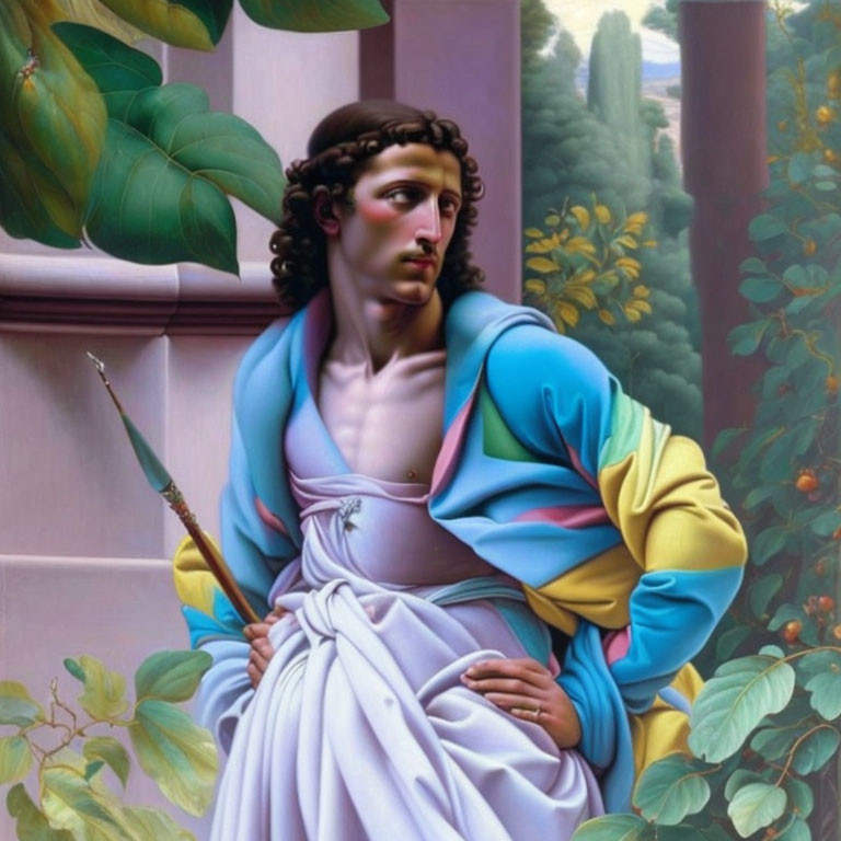 Portrait of a person with curly hair in white robe, holding spear amidst colorful fabric and greenery.