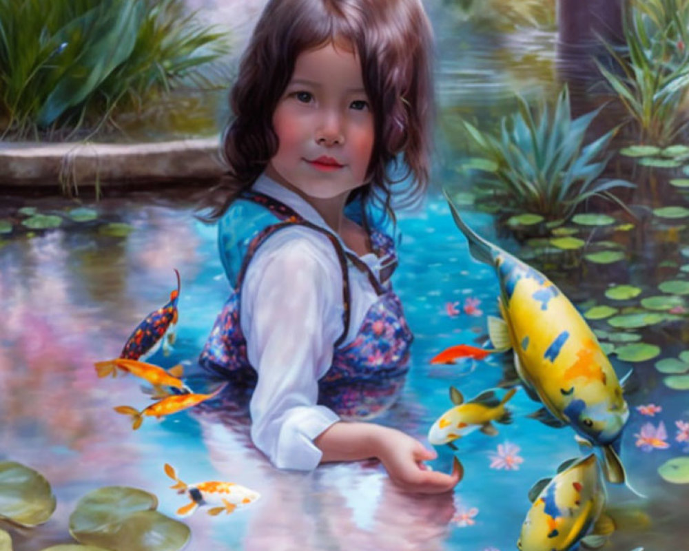 Young child with brown hair in pond with koi fish and lily pads - serene and dreamlike