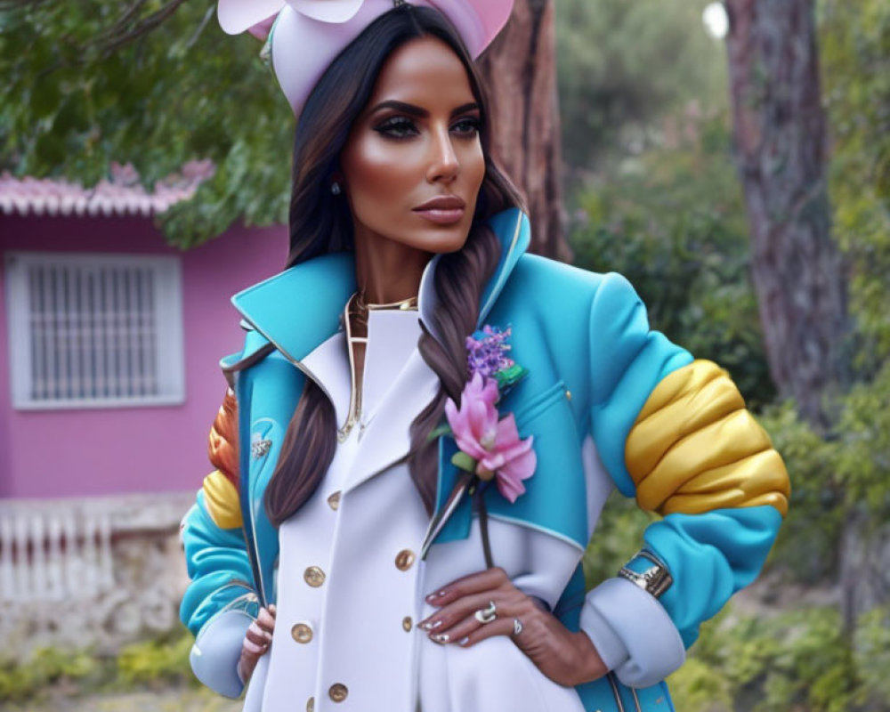 Stylish woman in modern coat and hat posing in front of green foliage and pink building