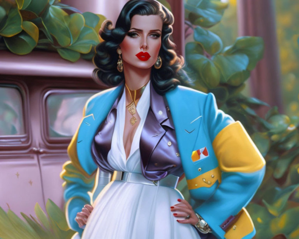 Illustrated Woman in Blue and Yellow Jacket with Classic Wave Hairstyle